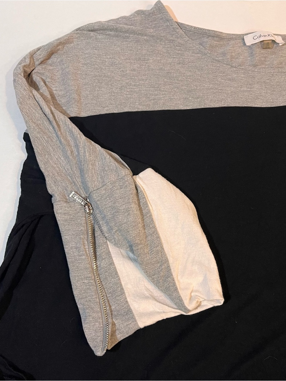 Calvin Klein Gray Black Cream Colorblock Crew Sweater with Zip Detail